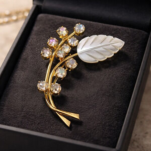 Vintage Western Germany AB Rhinestone Leaf Brooch Gold Tone